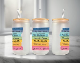 Romance Trope Book Stack 16oz Glass Libby Cup Tumbler Wrap | Design Template | Sublimation Template | Reader Design