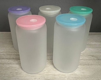 16oz Frosted Glass Libby Cup Tumbler Color Lids| Gifts | Coffee Cup |  Blue, Green, White, Bamboo