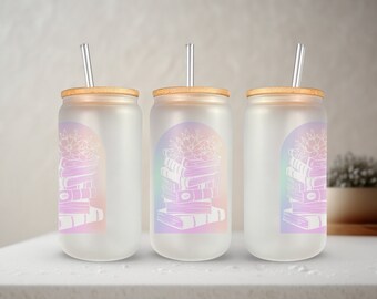 Holographic Iridescent Book Stack 16oz Glass Libby Cup Tumbler Wrap | Design Template | Sublimation Template | Reader Design