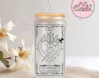 Enemies to Lovers Tarot Card - Romance Book Trope 16oz Frosted Glass Libby Cup Tumbler for Book Lovers | Bookish Gifts | Coffee Cup