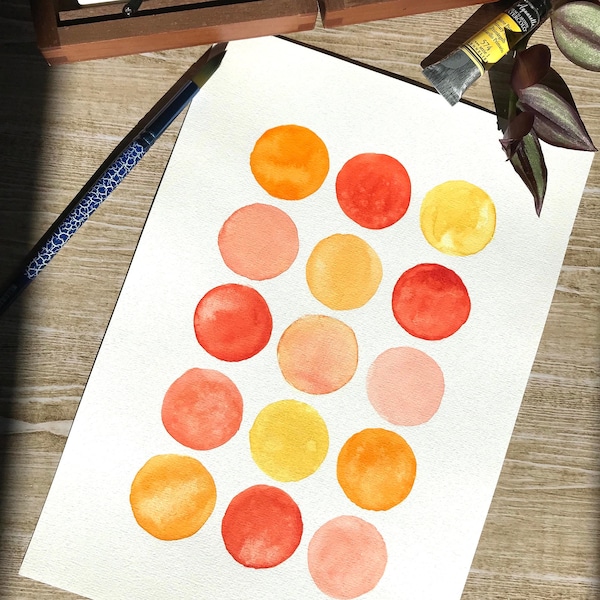 peinture abstraite, aquarelle originale minimaliste moderne, motif ronds bulles de couleurs jaune orange rouge, idée cadeau fête des mères