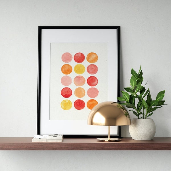 peinture abstraite aquarelle originale art minimaliste moderne motif ronds bulles de couleurs jaune orange rouge idée cadeau fête des mères
