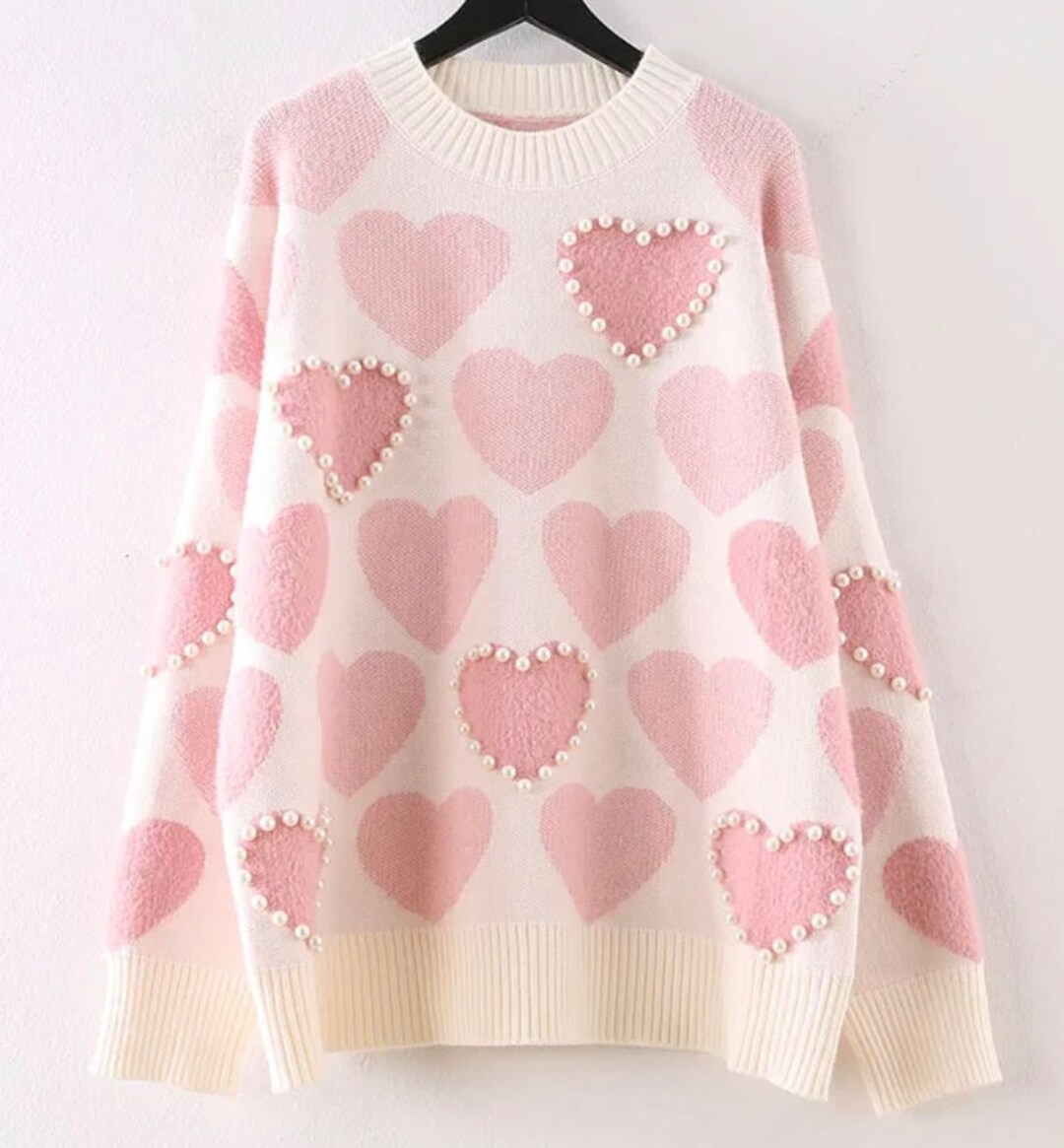Pearl Embellished Heart Pattern Valentines Day Sweater main image 1