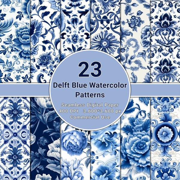 Delft Tile Clipart Watercolor. Mosaic, Sublimation, Scrapbook Paper, Spanish Majolica. Digital Prints, Commercial Use, PNG Art