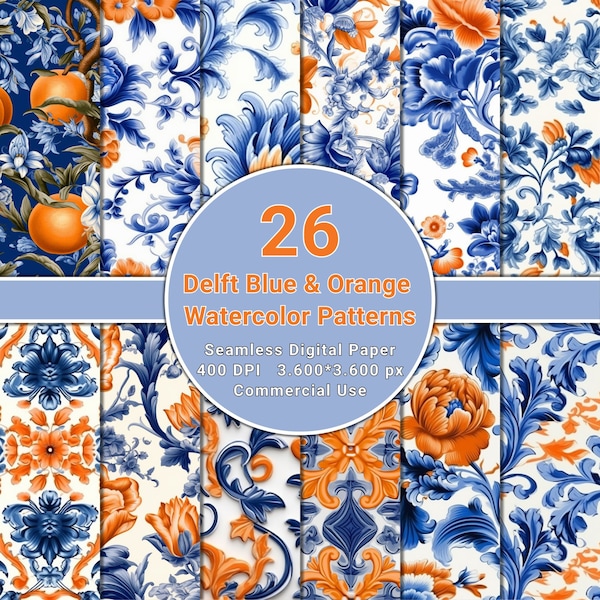 Watercolor Delft Blue & Orange Pattern - Vibrant and Elegant PNG Art, Commercial Use, Seamless Design for Digital Projects and Crafts