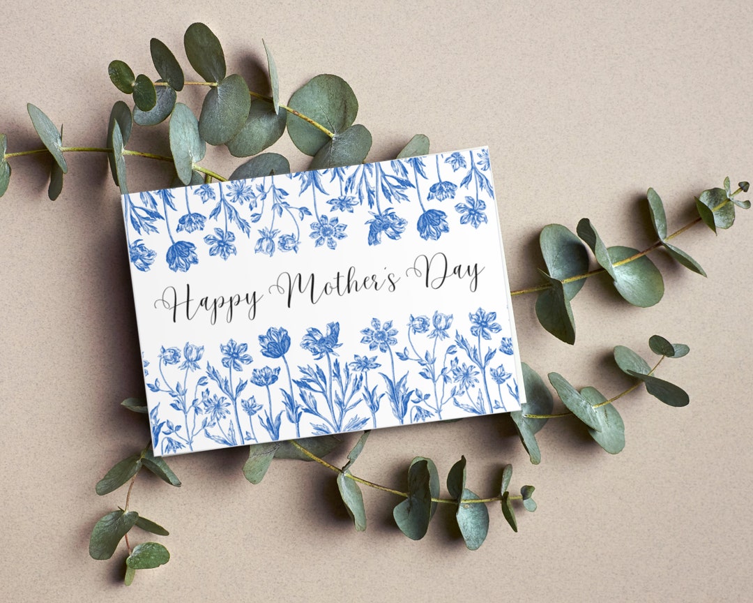 Happy Mothers Day Card for Mom Printable Card Blue Floral Card for
