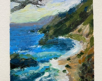 ACEO Oil Pastel Painting Original Seascape Coast Beach Ocean Fine Art 2.5x3.5 in