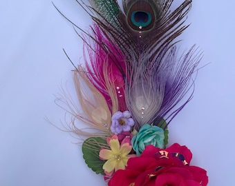 Hat Couture, custom made hat adornments, festival headpiece, flowers and feathers, fancy hat clip, many colour options available.