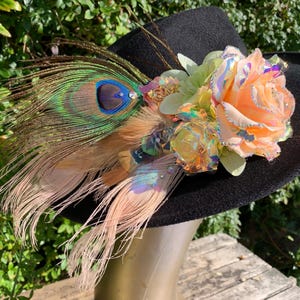 Hat Couture, custom made hat adornments, festival headpiece, flowers and feathers, fancy hat clip, many colour options available.
