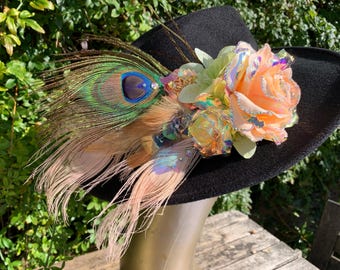 Hat Couture, custom made hat adornments, festival headpiece, flowers and feathers, fancy hat clip, many colour options available.