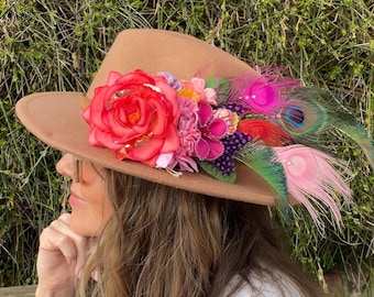 Hat Couture, custom made hat adornments, festival headpiece, flowers and feathers, fancy hat clip, many colour options available.