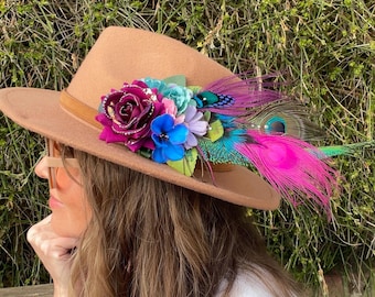 Hat Couture, custom made hat adornments, festival headpiece, flowers and feathers, fancy hat clip, many colour options available.