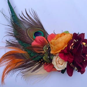 Hat Couture, custom made hat adornments, festival headpiece, flowers and feathers, fancy hat clip, many colour options available.