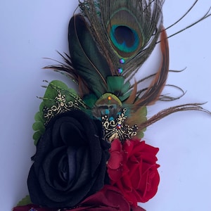 Hat Couture, custom made hat adornments, festival headpiece, flowers and feathers, fancy hat clip, many colour options available.