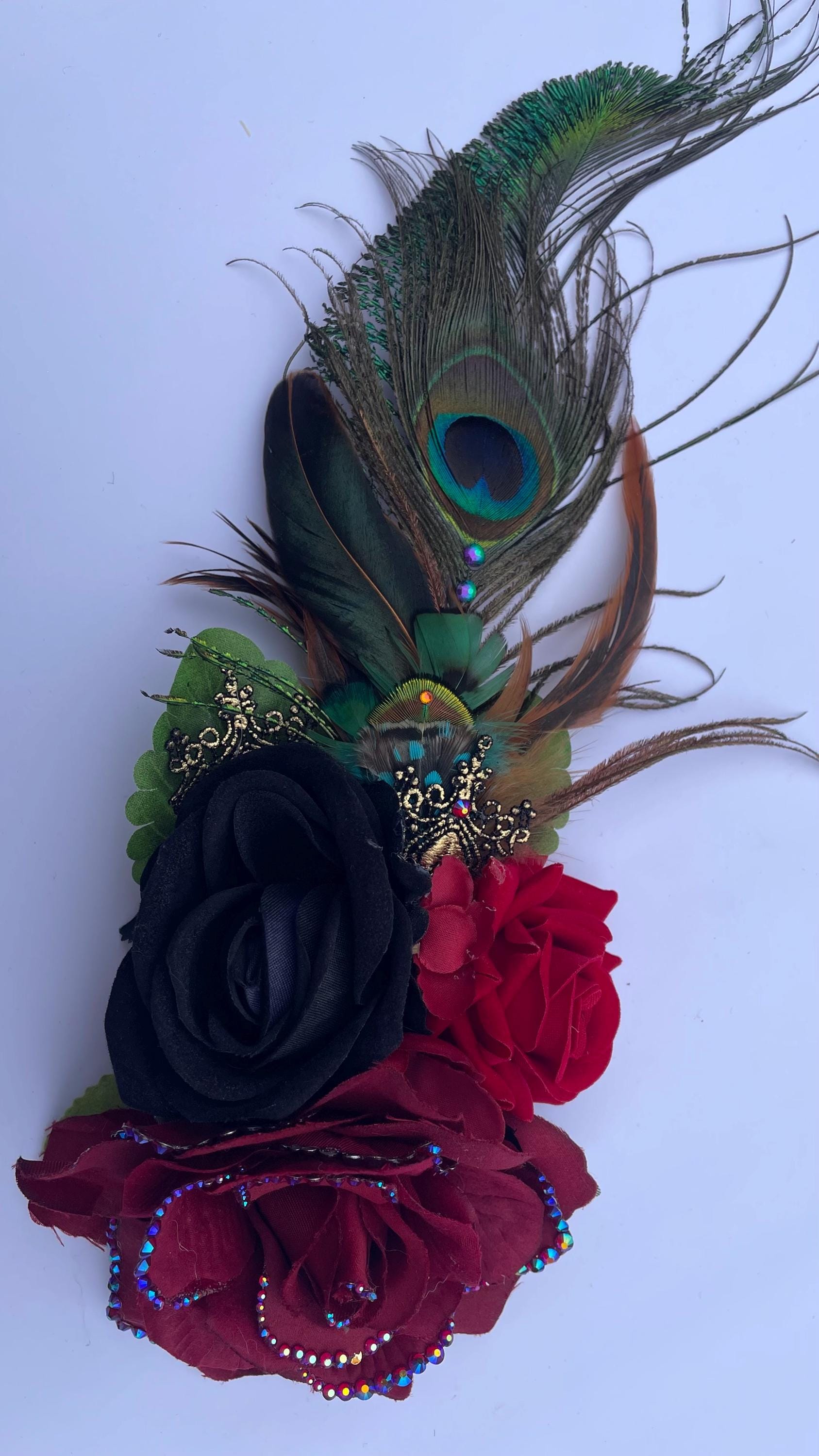 Hat Couture, custom made hat adornments, festival headpiece, flowers and feathers, fancy hat clip, many colour options available.