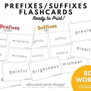 May include: Black and white printable flashcards for teaching prefixes and suffixes. The flashcards feature 80 words with the prefixes "mis-" and "ly".