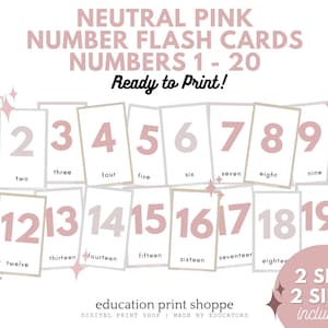 Neutral Pink Number Flashcards 1-20 Printable | Montessori Printable | Toddler Preschool Kindergarten Learning Resource, Digital Download