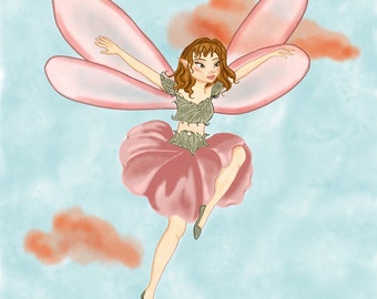The Pink Fairy Art Print - fairy art print - flower fairy art print - fairycore - fairycore art print - fairy wall art - faecore