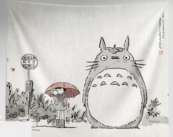 Tapeçaria de parede Totoro, tapeçaria de anime clássica desenhada à mão, decoração de parede exclusiva japonesa Ghibli, arte de parede