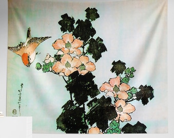 Hokusai Katsushika Wall Tapestry, Japanese Vintage Art Tapestry, Flowers Tapestry, High Quality Print, Unique Room Decor T0018