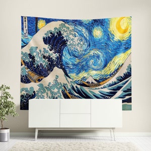 The Great Wave off Kanagawa Starry Night Wall Tapestry, Japanese Wave Art Decor, Van Gogh Wall Decor, Ocean Print, Unique Room Decor