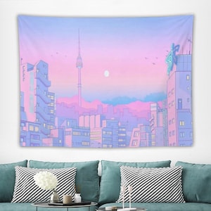 Pink Moonlight Wall Tapestry, Japanese Pink City Wall Hanging, Home Decor Tapestry Fabric, Art Tapestry, Wall Decor, Multiple Size