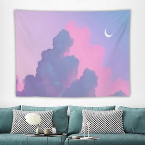 Pastel Pink Purple Sky Wall Tapestry, Clouds Moon Tapestry Fabric, Wall Hanging, Art Tapestry, Wall Decor, Multiple Size