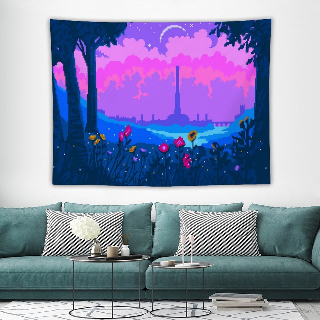 Pixel Art Landscape Wall Tapestry, Anime Tapestry Fabric, Wall Hanging