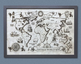 Laser Engraved Vintage World Map 25" x 17.5"