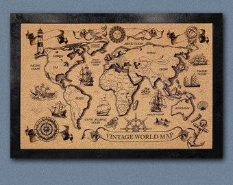 Laser Engraved Framed Vintage World Map Cork with Pins 27" x 18.5"