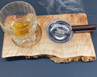 Unique Solid Mappa Whiskey and Cigar Tray with the Solid Walnut Cigar Holder | One-of-a-kind Father's Day Customizable Gift | Only 3 left!