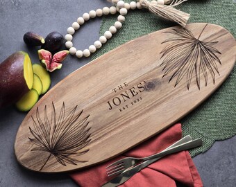 Personalised Acacia Serving Chopping Board | Name & Date Gift | Botanical Design | Gifts for Him | Gifts for Her | Home Decor | 52cm | Boho