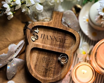 Personalised Birth Flower Acorn Trinket Tray, Acacia Wood Jewellery Dish, Birth Month Flower Gift, Ring Dish, Gift for Her