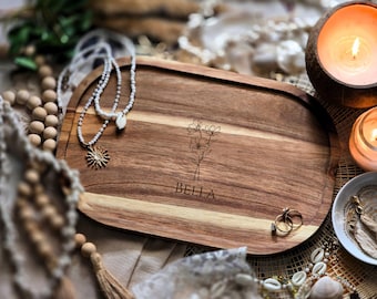 Personalised Birth Flower Trinket Tray | Large Acacia Jewellery Tray | Engraved Name Jewellery Dish | Birthday Gift for Her