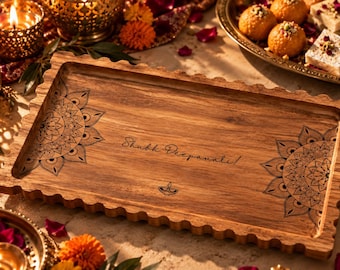 Personalised Acacia Wood Diwali Tray, Laser Engraved Shubh Deepavali, Mithai Serving Platter