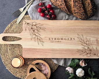 Personalised Pine Wood Chopping Board | Name & Date | Couple Gifts | Grazing Board | Serving Board | Home Decor | Floral Design | 53cm