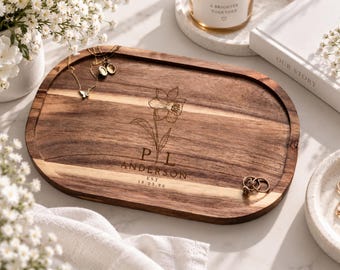 Personalised Wedding Gift for Couple | Anniversary Gift | Acacia Trinket Tray | Wedding Month Flower | Initials & Date Keepsake