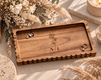 Personalised Wedding Gift for Couple | Anniversary Gift | Acacia Trinket Tray | Wedding Month Flower | Initials & Date Keepsake