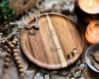 Personalised Birth Flower Trinket Tray, Round Acacia Jewellery Dish, Engraved Name Ring Tray, Birthday Gift for Her