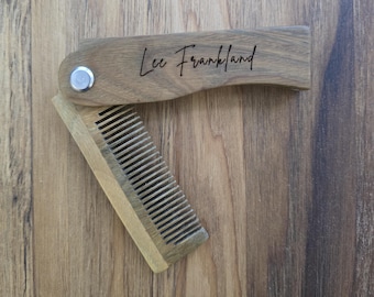 Personalised Folding Sandalwood Beard & Moustache Comb |  Custom Engraved | Gifts for Him | Beard Care