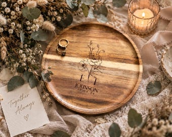 Personalised Wedding Gift for Couple | Anniversary Gift | Acacia Trinket Tray | Initials & Wedding Date | Marriage Month Flower Gift