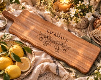 Personalised Acacia Serving Board | Wedding And Anniversary Month Flower | Name & Date Gift | 49 cm | Home Decor | Unique Gift | Botanical