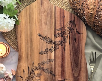 Personalised Acacia Serving Board and Chopping Board | Name & Date Gift | Home Decor | Botanical Design | Gifts for Them | Scandi | Boho