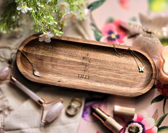 Personalised Birth Flower Trinket Tray, Oval Acacia Jewellery Dish, Engraved Name Ring Tray, Birthday Gift for Her