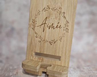 Personalised Bamboo Wooden Mobile Phone Stand | Bespoke Gift | Laser Engraved Design | Durable and Stylish Wooden Phone Holder | Gifts