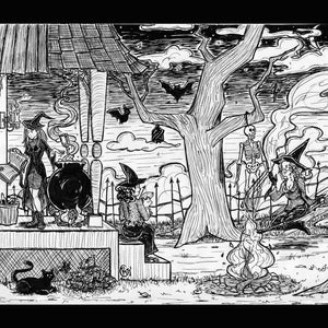 May include: Black and white illustration of a Halloween scene with witches, a cauldron, a skeleton, and bats. A black cat sits near a pile of leaves. A bonfire burns in the foreground.
