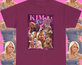 May include: A purple t-shirt with a collage of images of Kim Richards from the Real Housewives of Beverly Hills. The text "KIM Richards" is printed in white on the shirt.