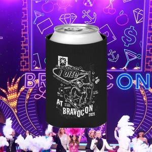 May include: Black can cooler featuring a skateboarding grim reaper graphic and the text "I Died at BravoCon 2025". The cooler surrounds a silver can, with a neon purple background featuring various symbols.