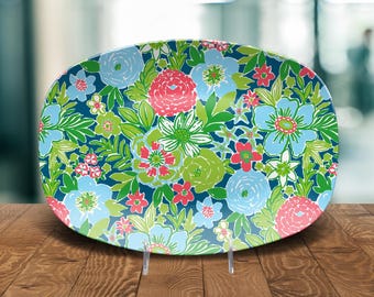 Bandeja de servicio Coastal Floral de 10 x 14 pulgadas, bandeja ovalada botánica azul