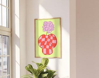 May include: A framed illustration of a pink flower in a red and white checkered vase on a light green background.